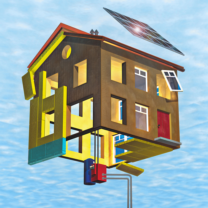 Ein Haus am Himmel mit seinen Renovierungselementen: Dämmplatten, neue Fenster, Sonnenkollektoren, Wärmepumpe, geothermische Sonde usw.