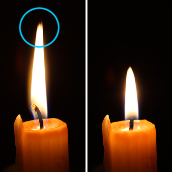 Dieselbe Kerze vor und nachdem der Docht gekürzt wurde
