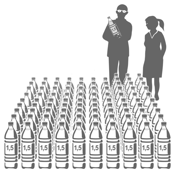 Zwei Personen schauen auf 106 gut ausgerichtete Wasserflaschen