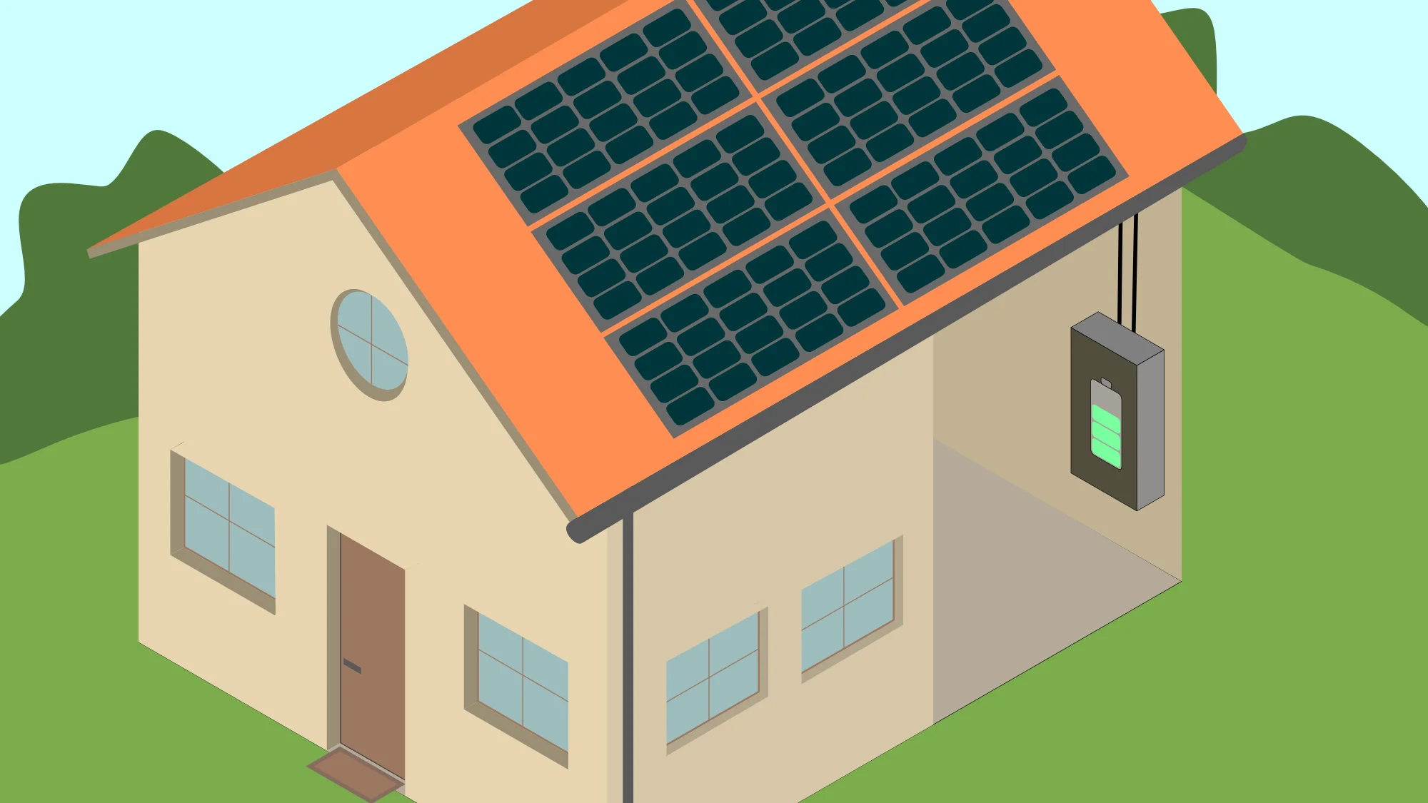 Ein Haus mit Solarpanels auf dem Dach und einer Batterie im Innern.