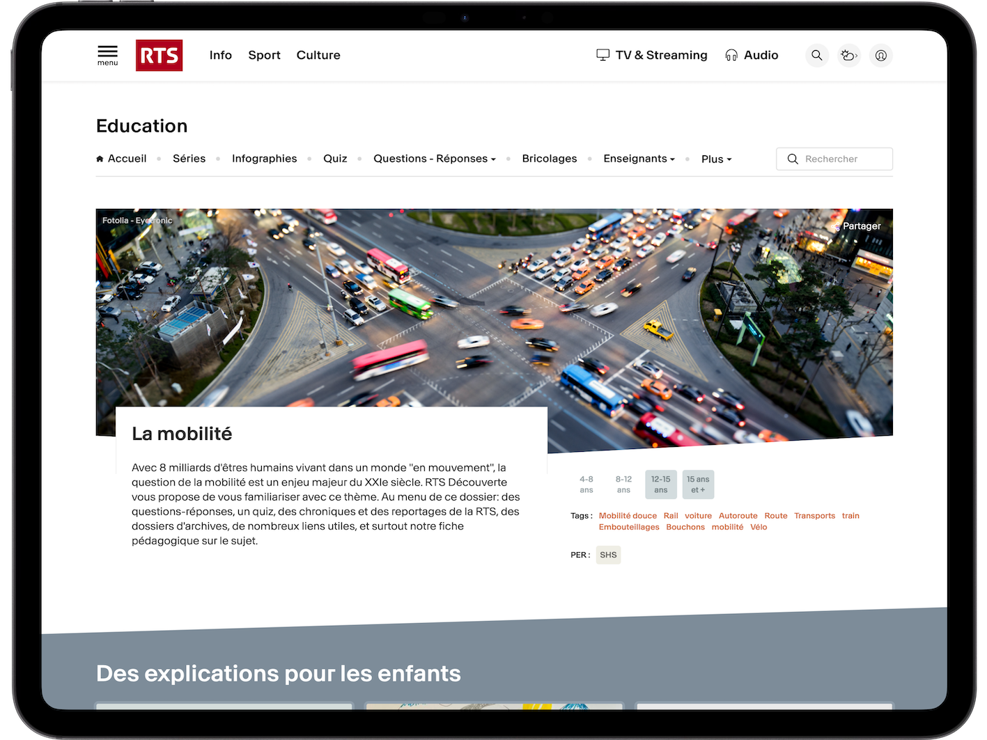 Startbildschirm der RTS-Education-Website zur Mobilität.