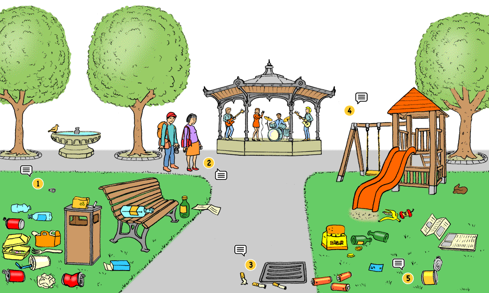 Un parc, souillé par les petits déchets (littering)